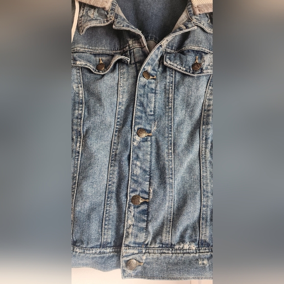 Free People Blue Denim Jacket with Gray Sleeves And Hoodie Sz L - Picture 3 of 7